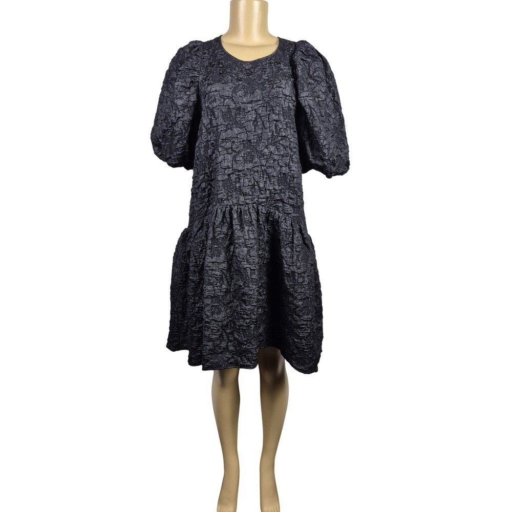 Endless Rose Black Textured Jacquard Puff Sleeve Babydoll Mini Dress S UK914D